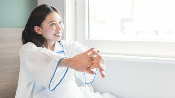 Down comforters, desk, laptop workspace, blackout drapes