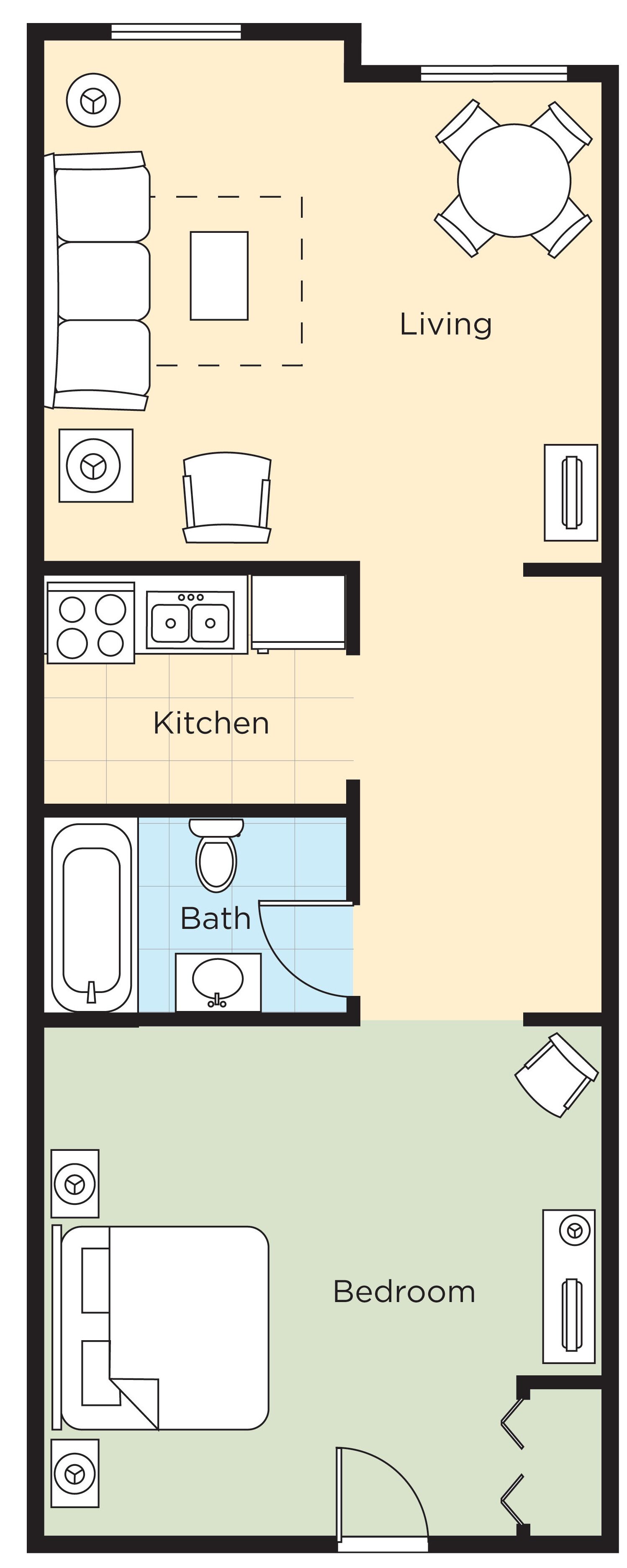 Ein Grundriss eines Hauses mit Wohnzimmer, Küche, Bad und Schlafzimmer.