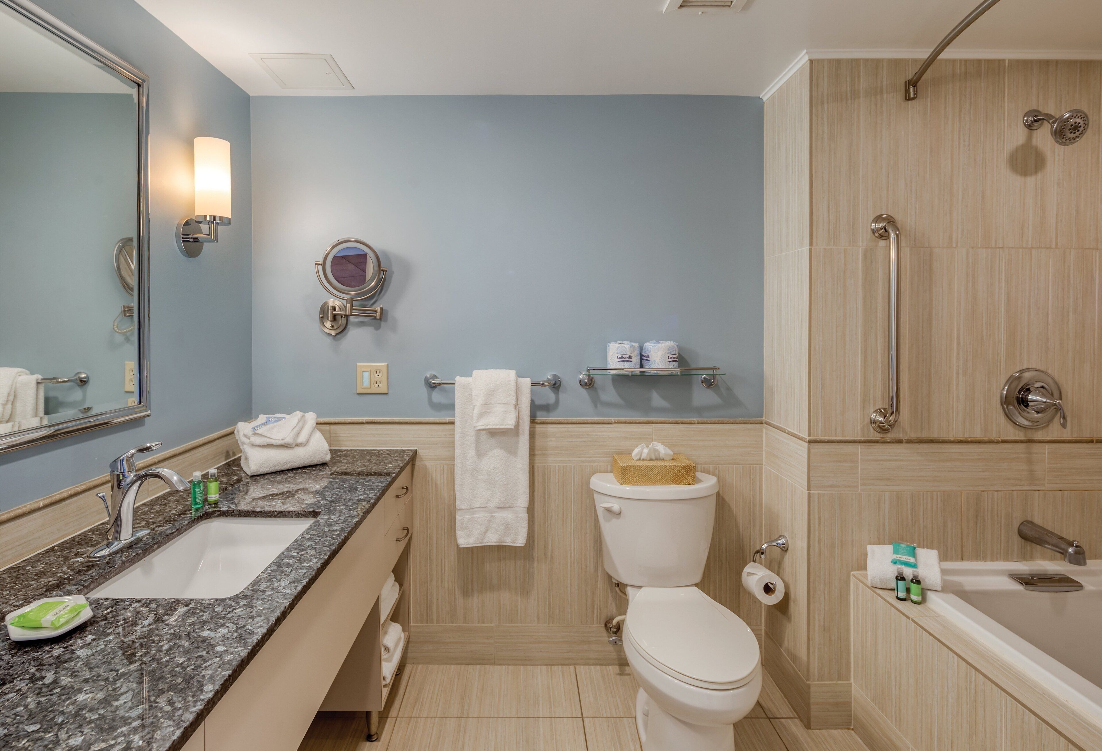 free toiletries, hair dryer, towels