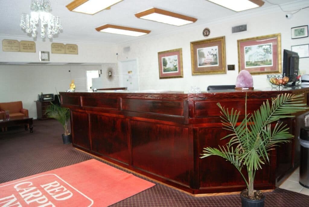 Un área de recepción con un mostrador de madera, una alfombra roja, cuadros en la pared y una planta en maceta.