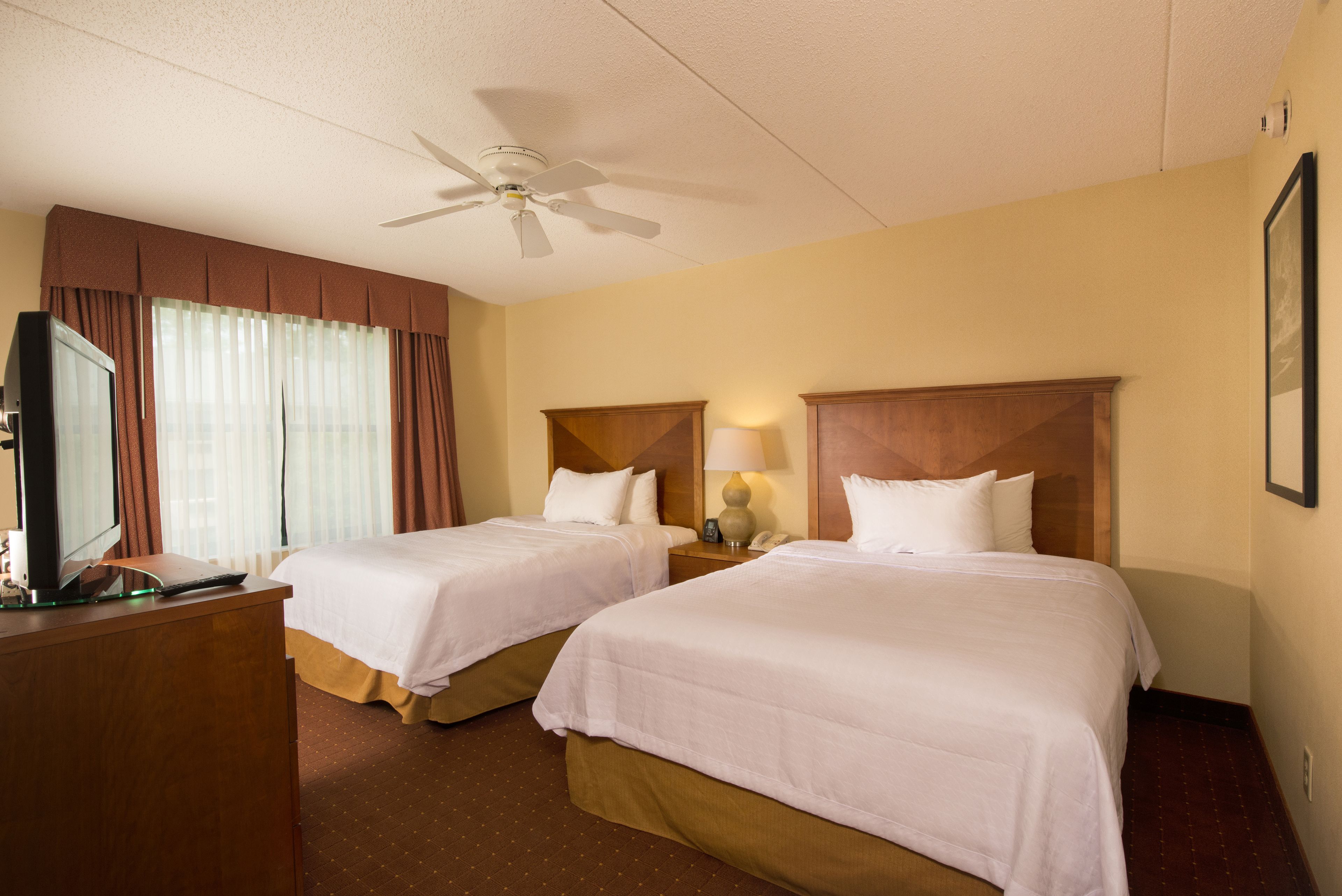 A hotel room with two beds, a TV, a desk, and a ceiling fan.