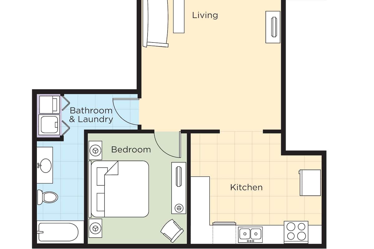 Een plattegrond van een appartement met een balkon, woonkamer, hal, slaapkamer, badkamer & wasruimte, en keuken.