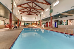 Una piscina interior con vigas de madera, paredes de piedra y árboles artificiales.