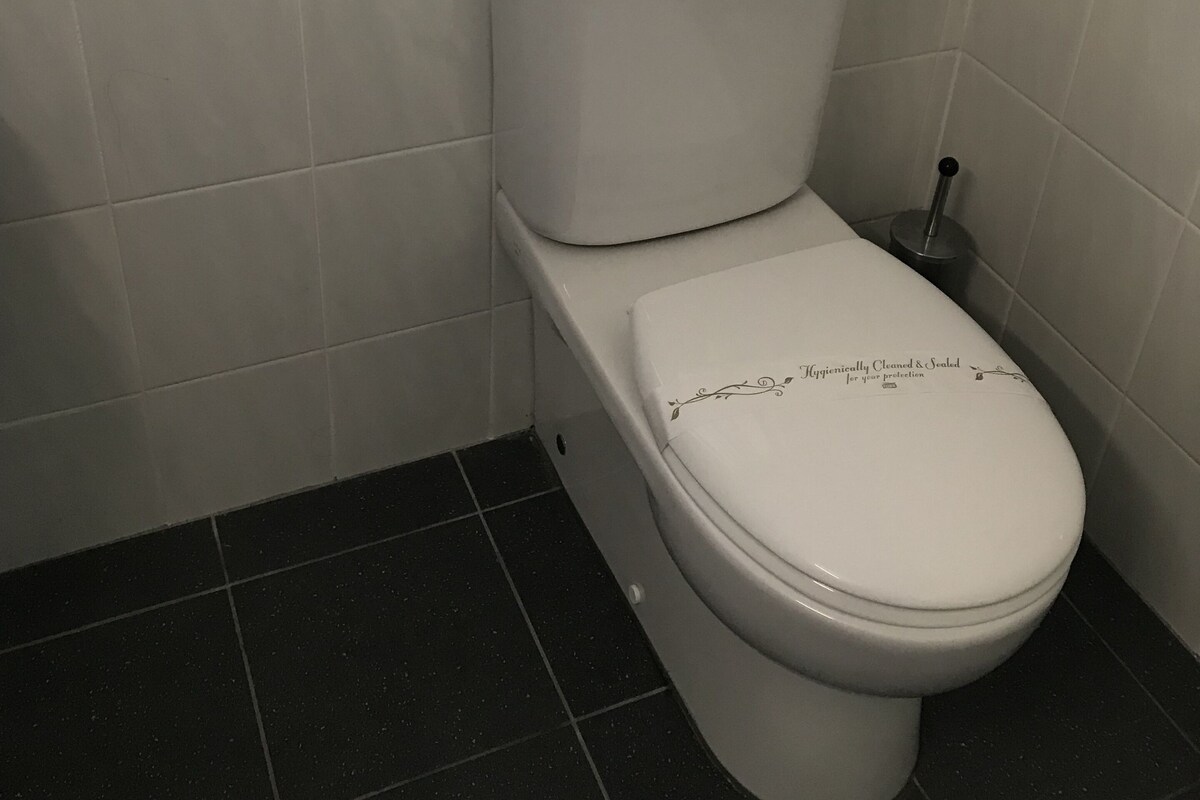 WC-istuin, jossa on kansi, huuhtelupainike ja ikkuna sen yläpuolella.