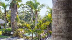 A tropical garden with palm trees and a swimming pool. - Fairway Motor Inn (Pambula)
