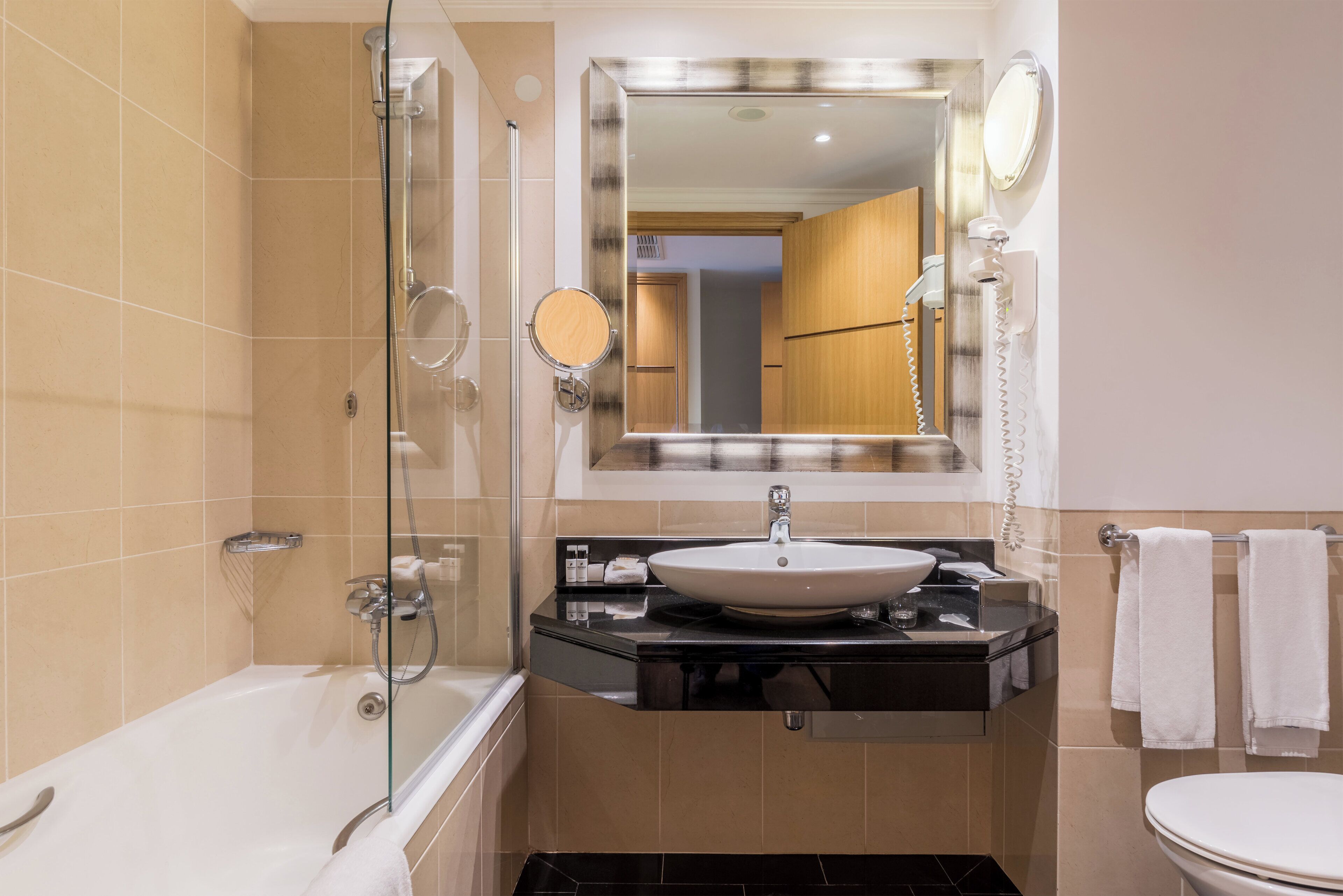 A modern bathroom with a glass-enclosed shower, a vanity with a sink, and a toilet.