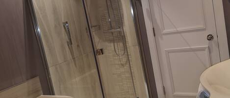A modern bathroom with a glass-enclosed shower, a standalone bathtub, and a white door.