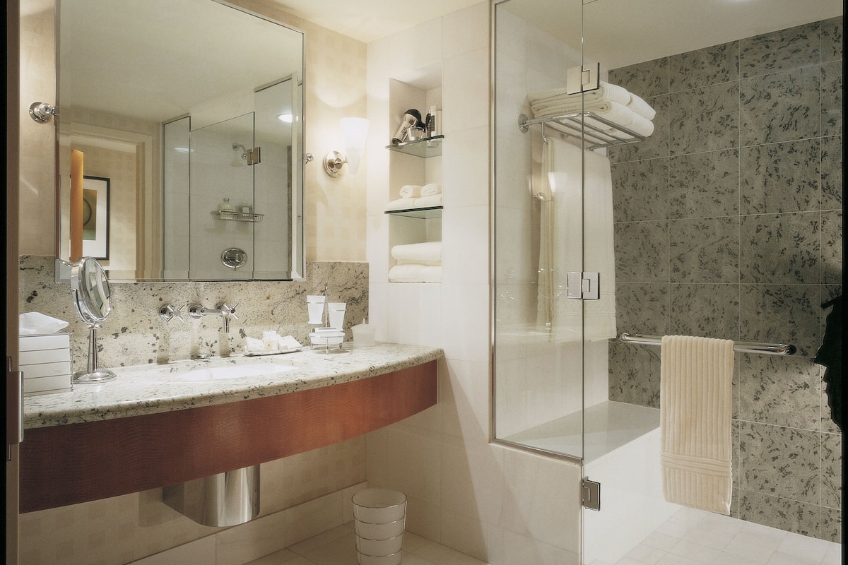 shower, free toiletries, hair dryer, towels