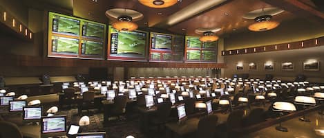 A conference room with multiple rows of desks, each equipped with a computer monitor and a lamp.