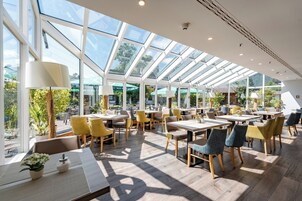 Un espace intérieur spacieux, aménagé avec des tables et des chaises, de grandes fenêtres et offrant une vue sur l’extérieur.