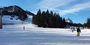 A snowy ski slope with skiers, trees, and a mountain in the background. - LA GAP Alpin Boutique Hotel (Garmisch-Partenkirchen)