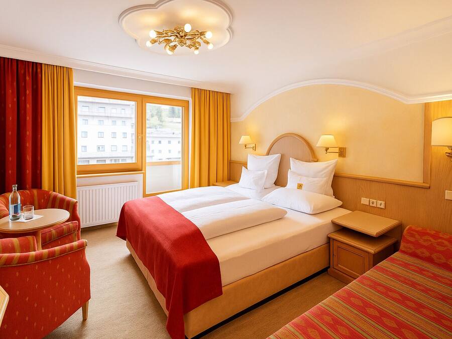 Una habitación de hotel con una cama grande, dos mesitas de noche, una silla, una ventana con cortinas y un candelabro.