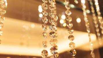 A close-up of hanging crystal decorations.