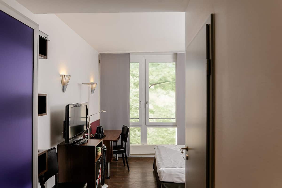 A hotel room with a bed, a desk with a TV, a chair, and a window with a view of greenery.