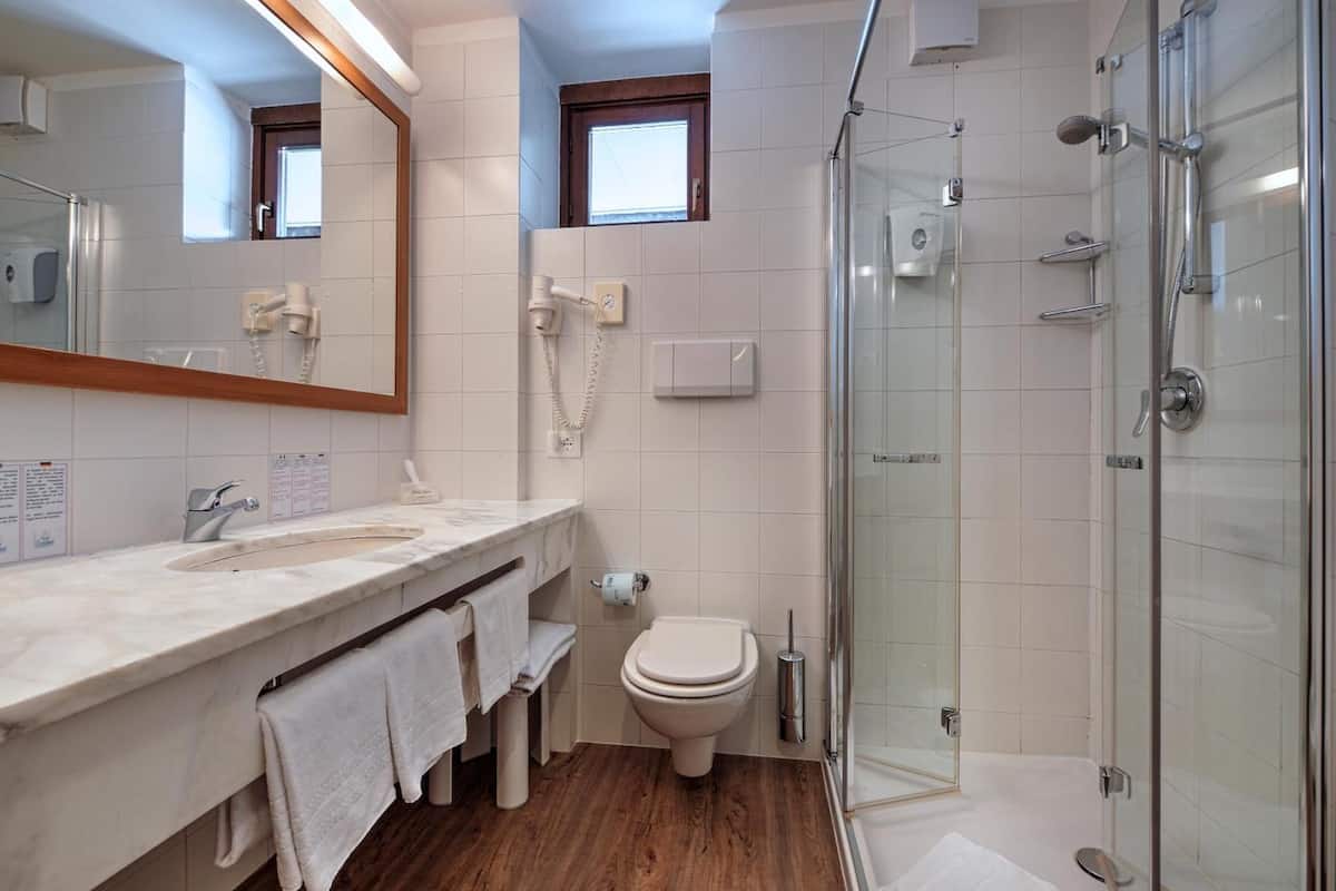 standard double room | bathroom | shower, free toiletries, hair dryer, bathrobes