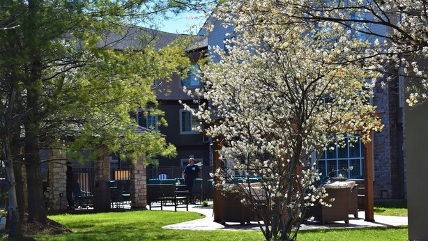 A courtyard with a stone building, outdoor seating, and a tree with white blossoms. - Staybridge Suites Cranbury by IHG (Cranbury)