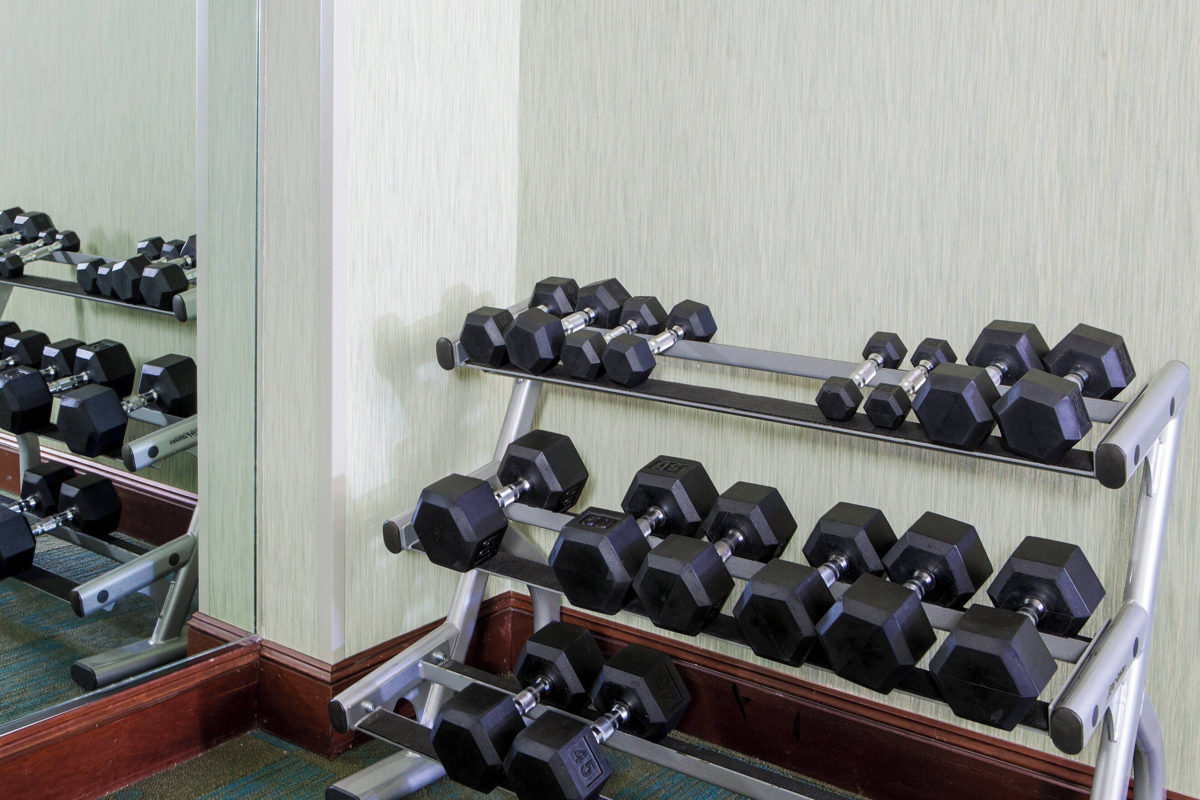 A gym with multiple rows of black dumbbells on metal racks.