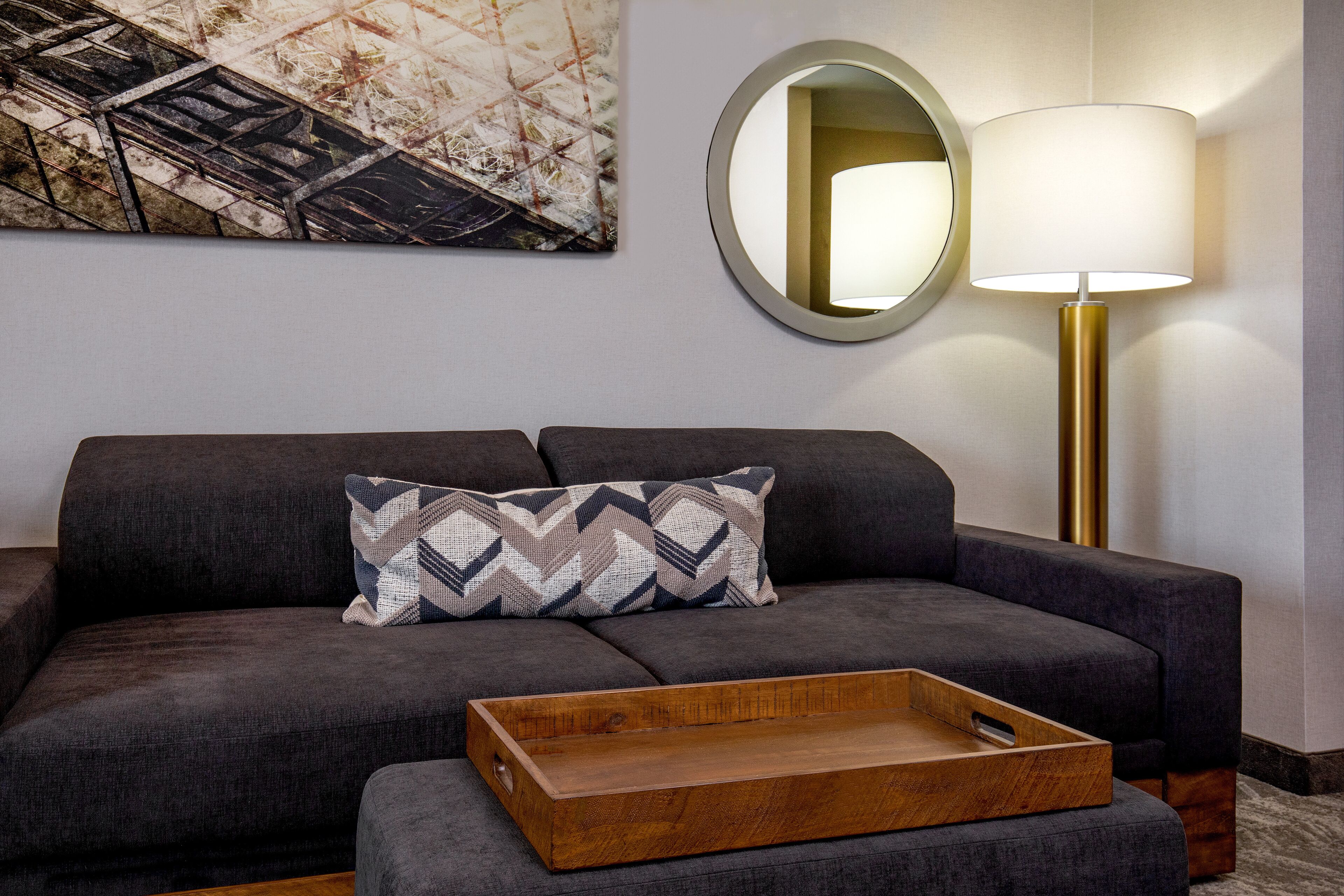 Premium bedding, desk, laptop workspace, blackout drapes