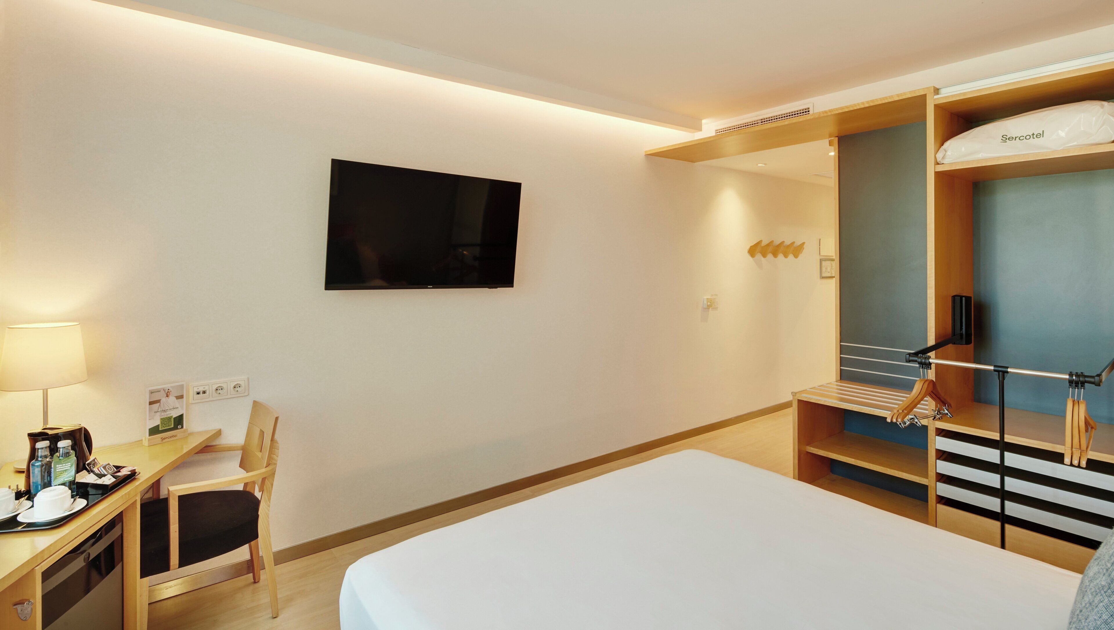 A hotel room with a bed, desk, chair, TV, and a wardrobe with a mirror.