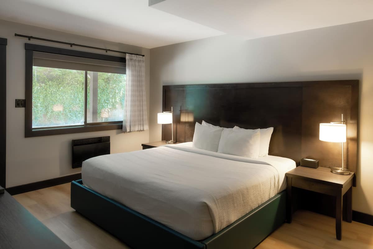 Een moderne hotelkamer met een groot bed, twee nachtkastjes, een raam met gordijnen en een hoofdeinde.