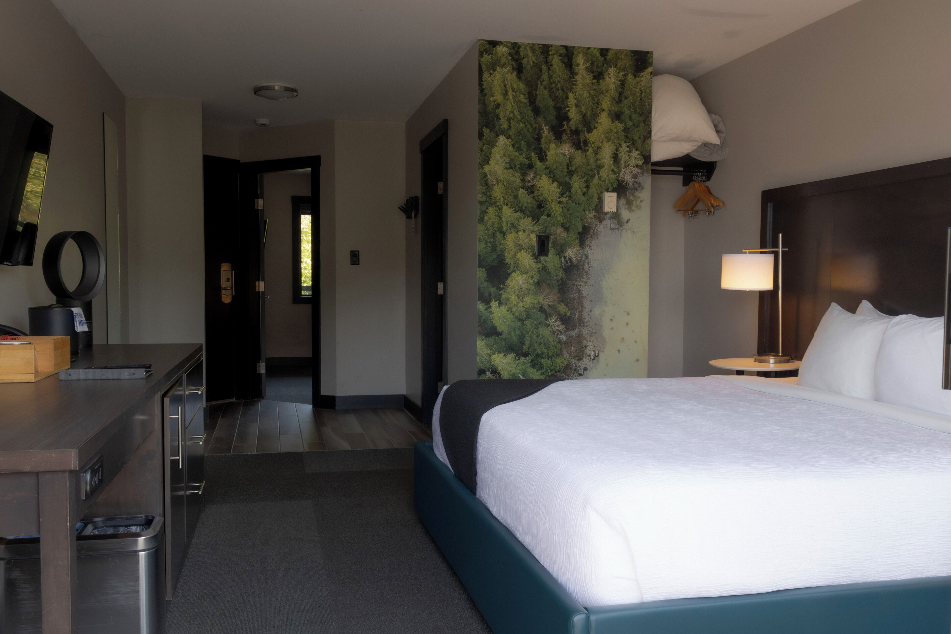 A hotel room with a bed, a desk, a trash bin, a lamp, and a wall with a nature-themed mural.