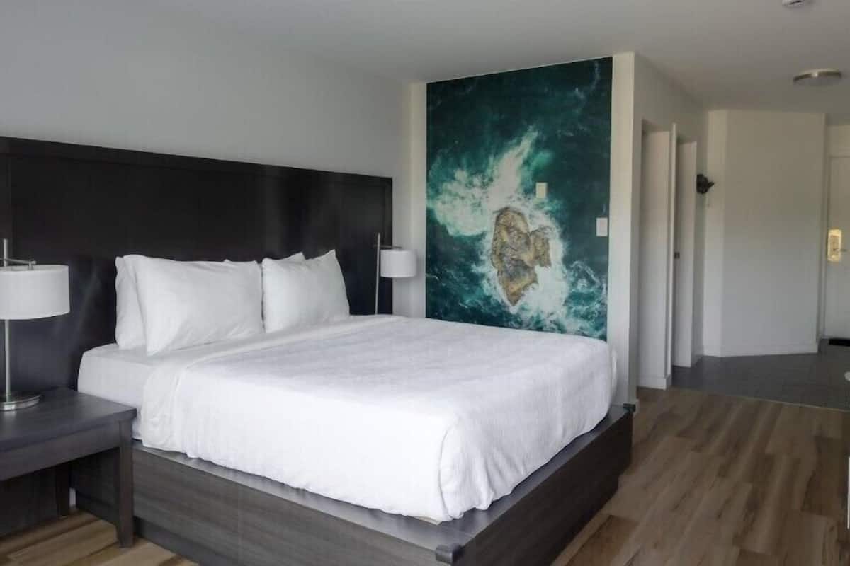 Een moderne hotelkamer met een groot bed, een donker hoofdeinde en een muurschildering.