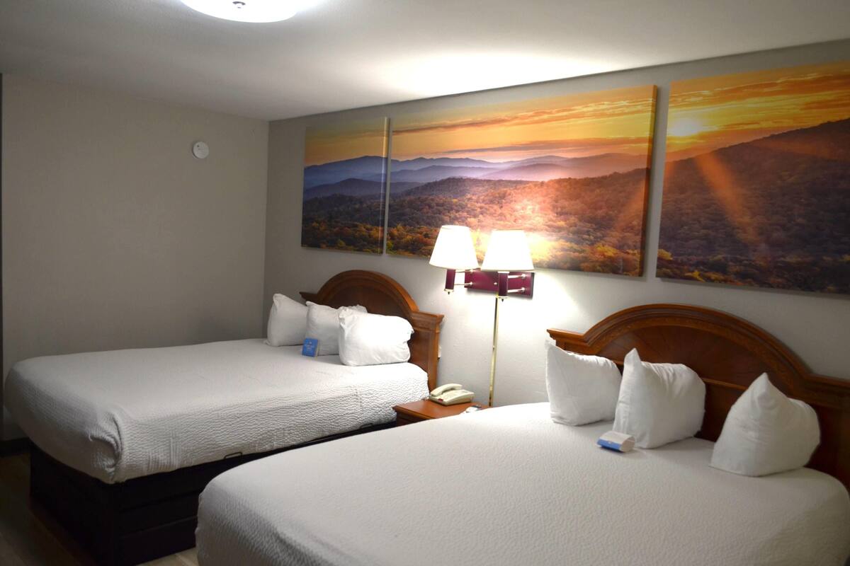 A hotel room with two beds, a nightstand, a lamp, and a wall-mounted phone.