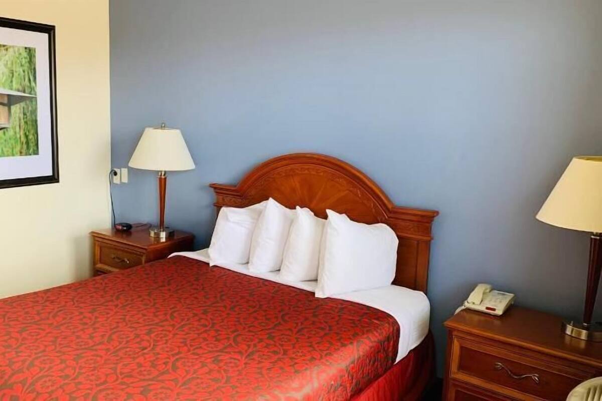 A hotel room with a large bed, a nightstand with a lamp, a framed picture on the wall, and a telephone on the nightstand.