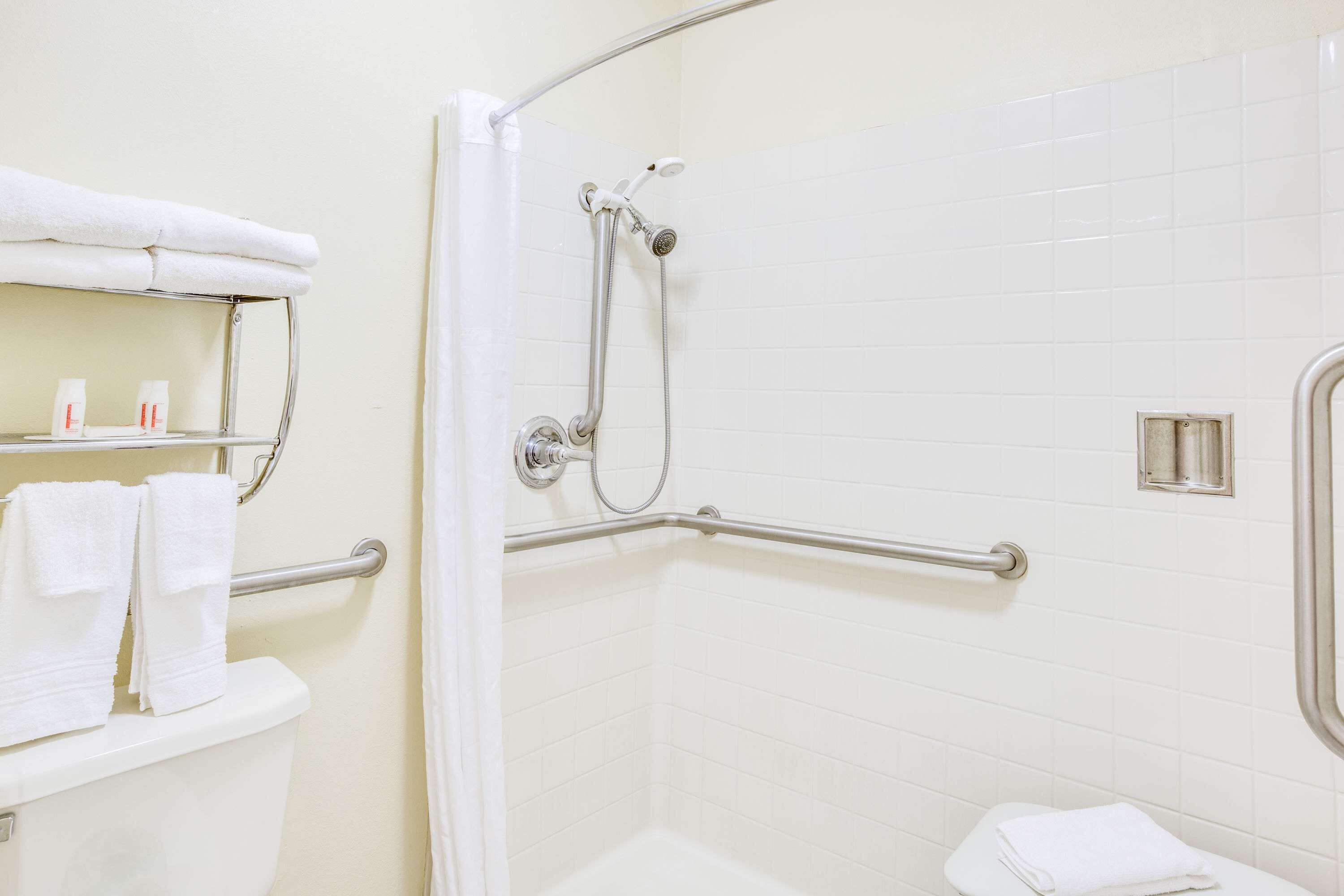 Une salle de bain avec douche, toilettes et porte-serviettes.
