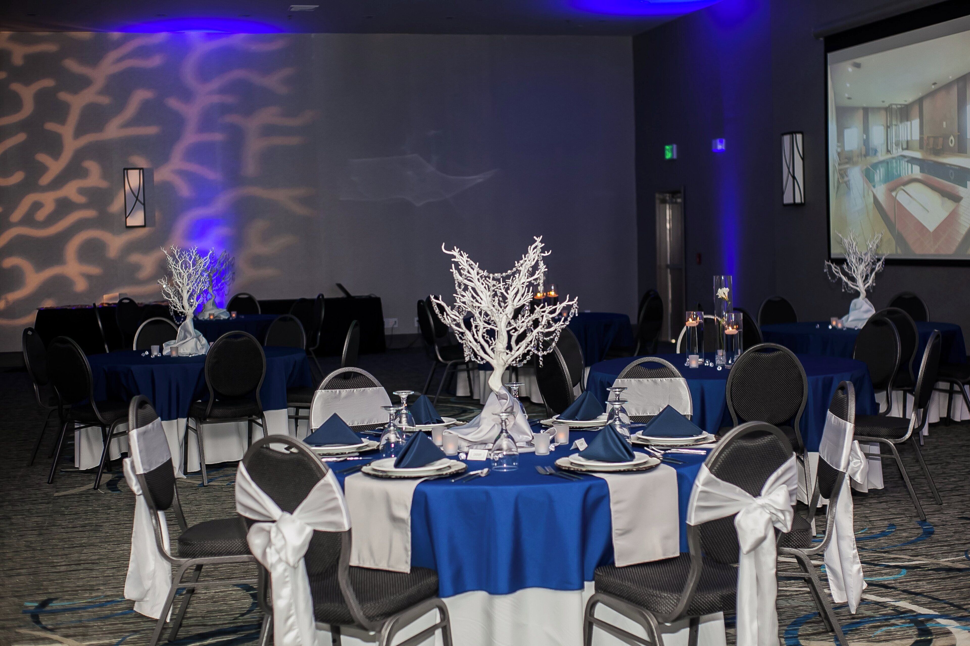 A conference room with round tables set for a formal event, featuring white chairs with black headrests and blue tablecloths.