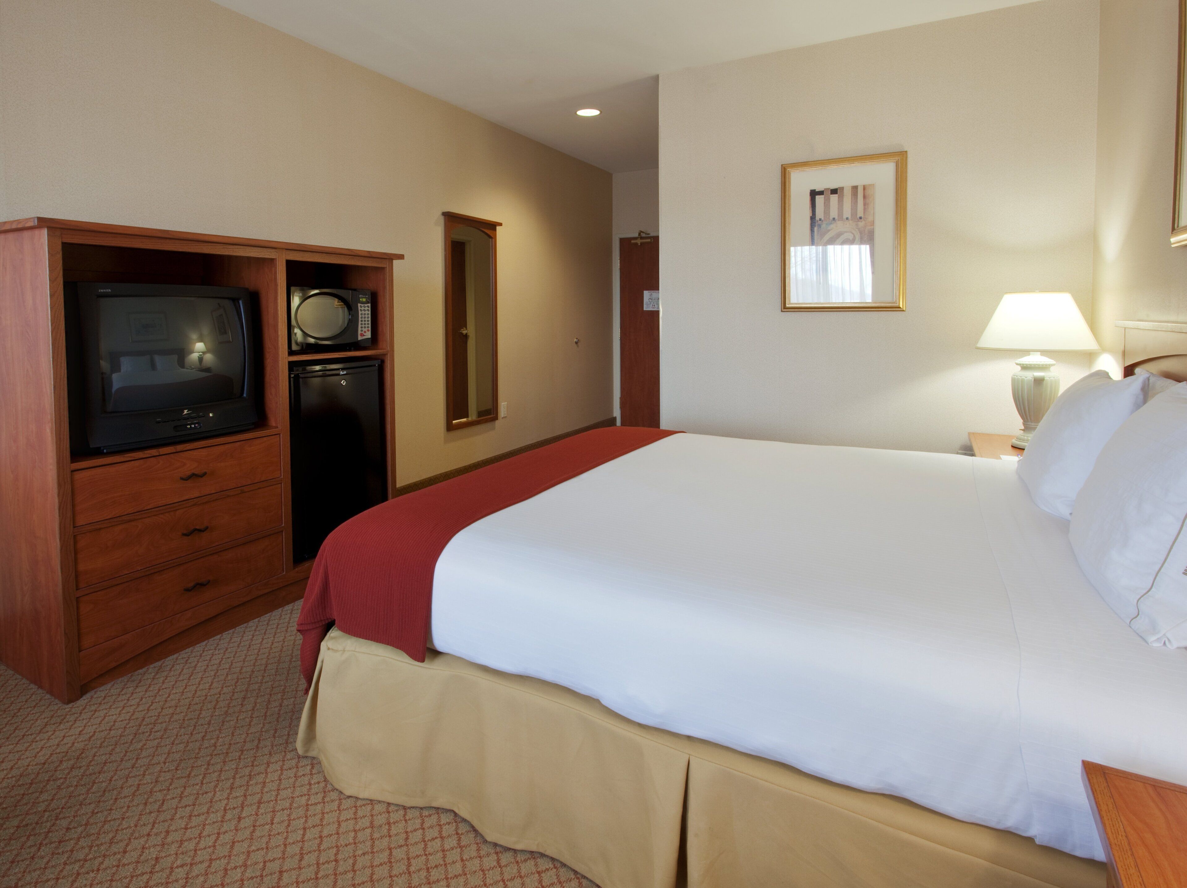 Une chambre d’hôtel équipée d’un lit, d’une télévision, d’un four à micro-ondes et d’un miroir.