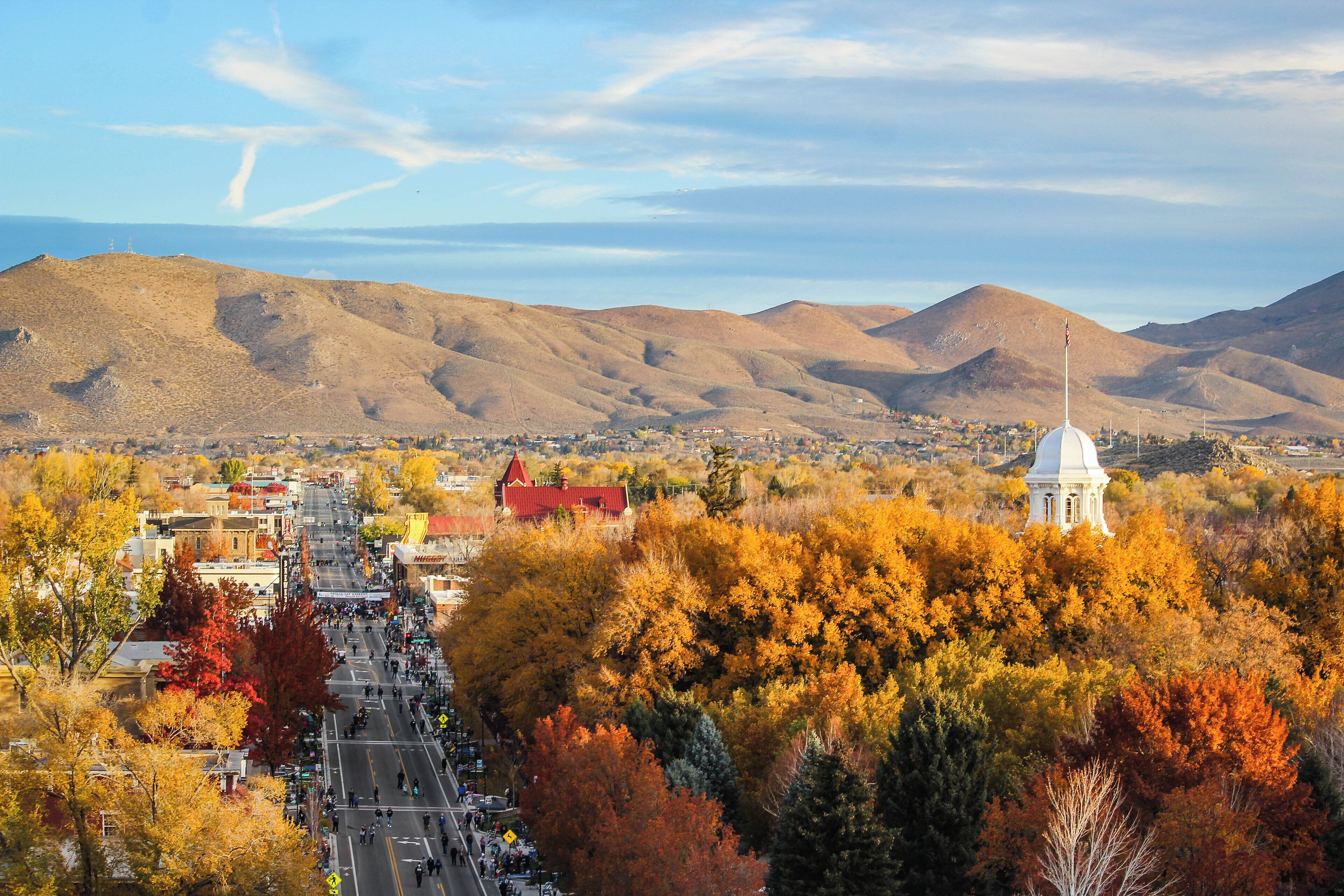 A town with a prominent white building, a red-roofed structure, and a street lined with autumn-colored trees.