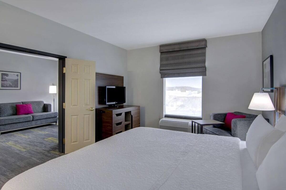 A hotel room with a bed, a television, a desk, a chair, a sofa, and a window with a view.
