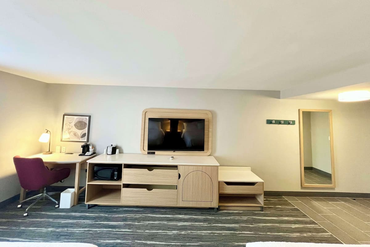 A hotel room with a wooden desk, a television, a chair, a microwave, and a mirror.