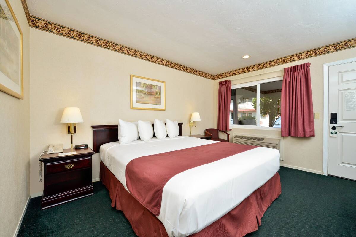 A hotel room with a large bed, two bedside tables with lamps, a framed picture on the wall, and a window with curtains.