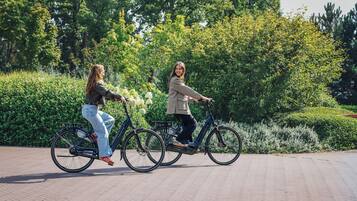Due persone che vanno in bicicletta su un percorso asfaltato circondato dal verde.