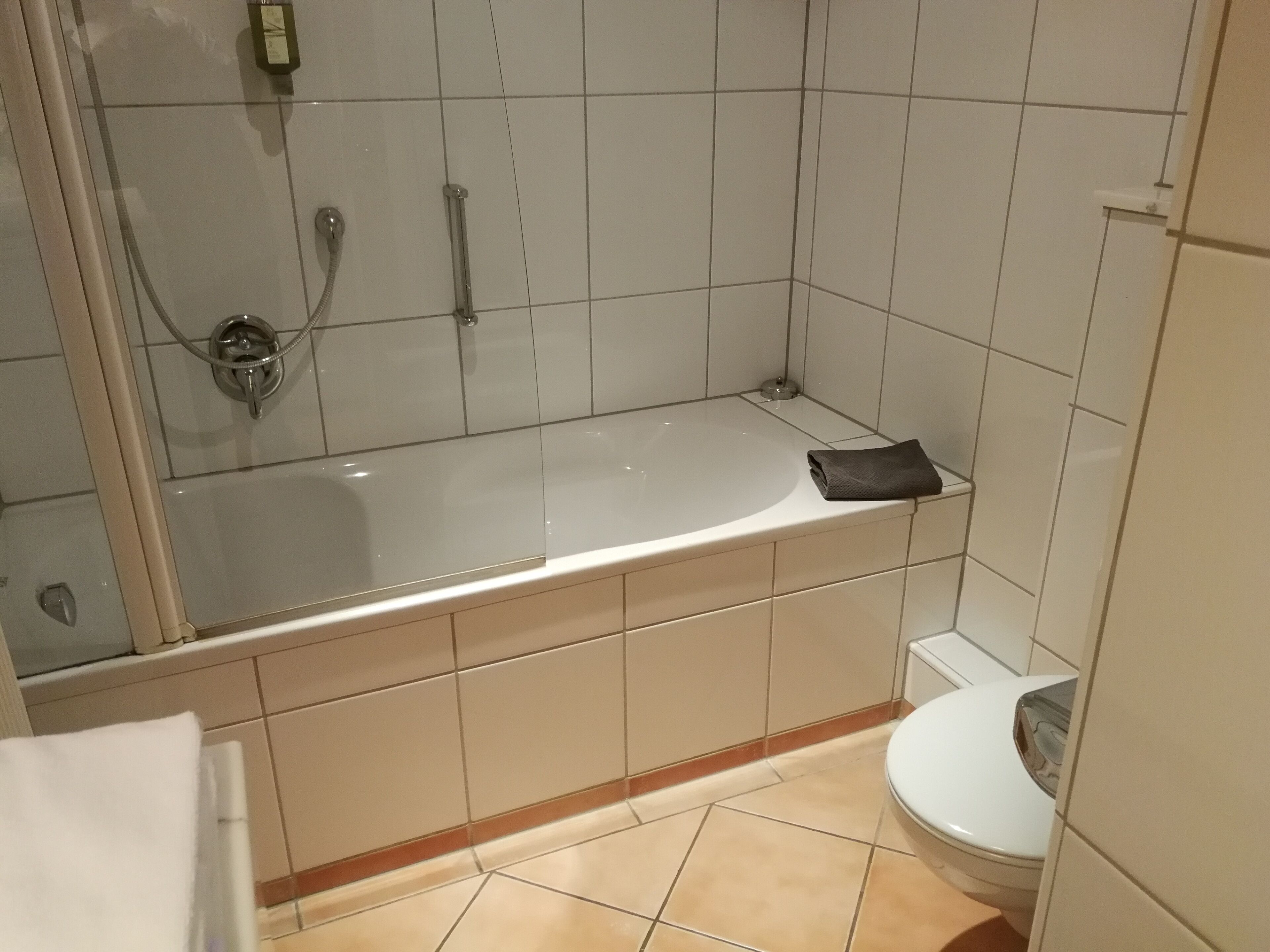 A bathroom with a bathtub, a toilet, and a shower area.