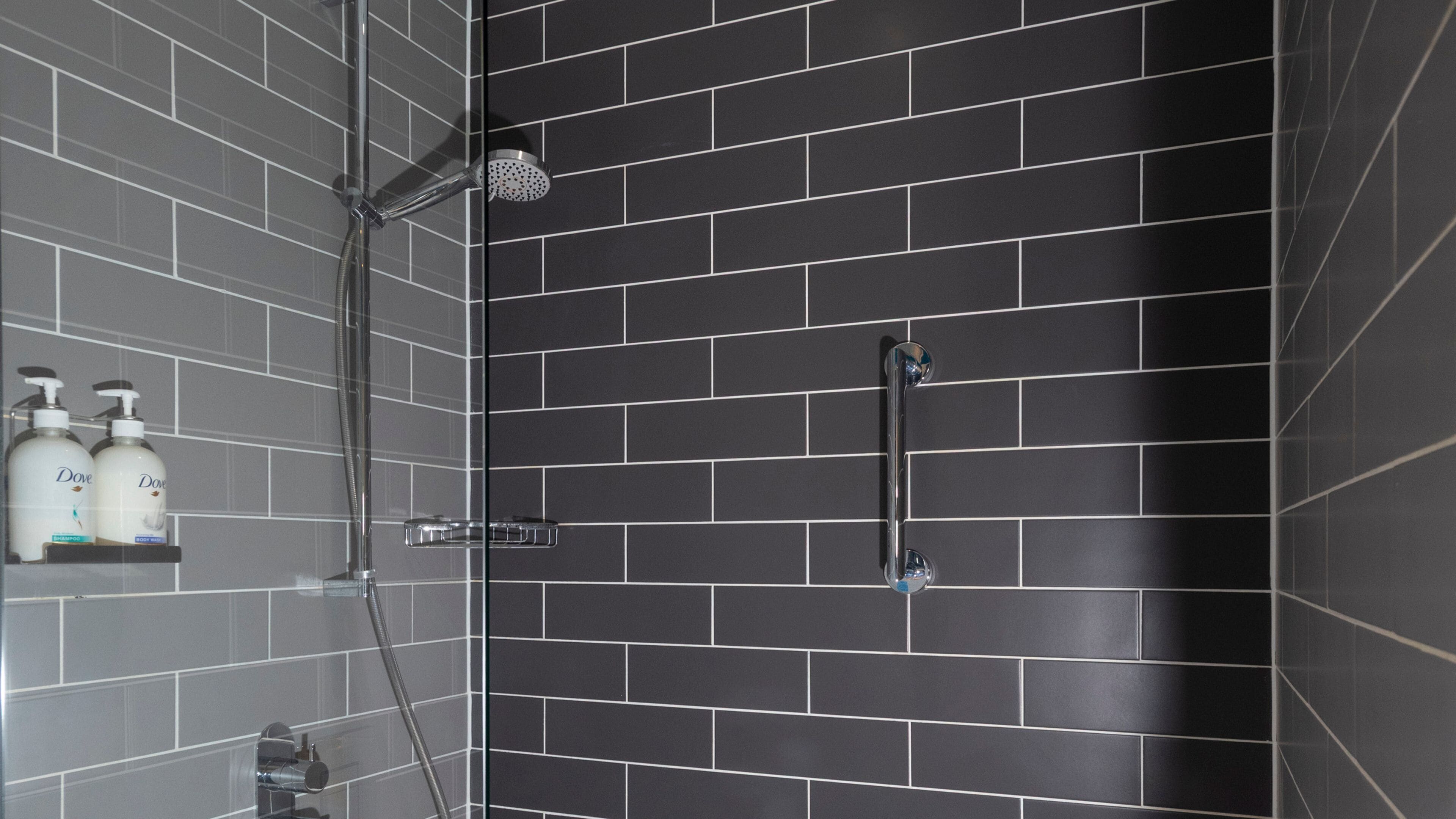 A shower area with a glass door, a handheld showerhead, and two Dove shampoo bottles on a shelf.