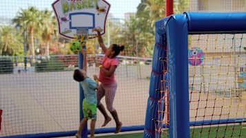 A basketball court with a hoop labeled "Super Basket."