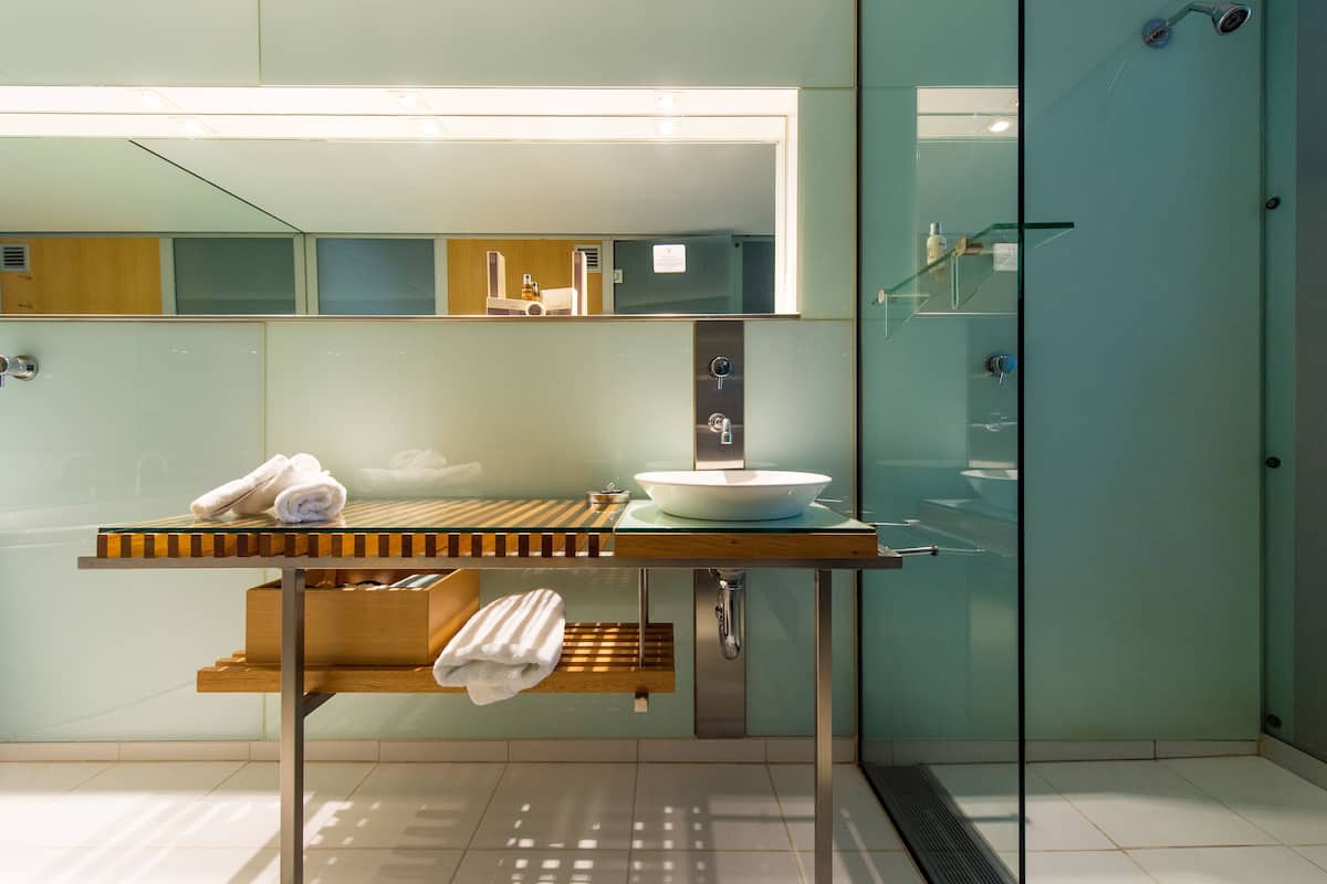 shower, designer toiletries, hair dryer, bathrobes