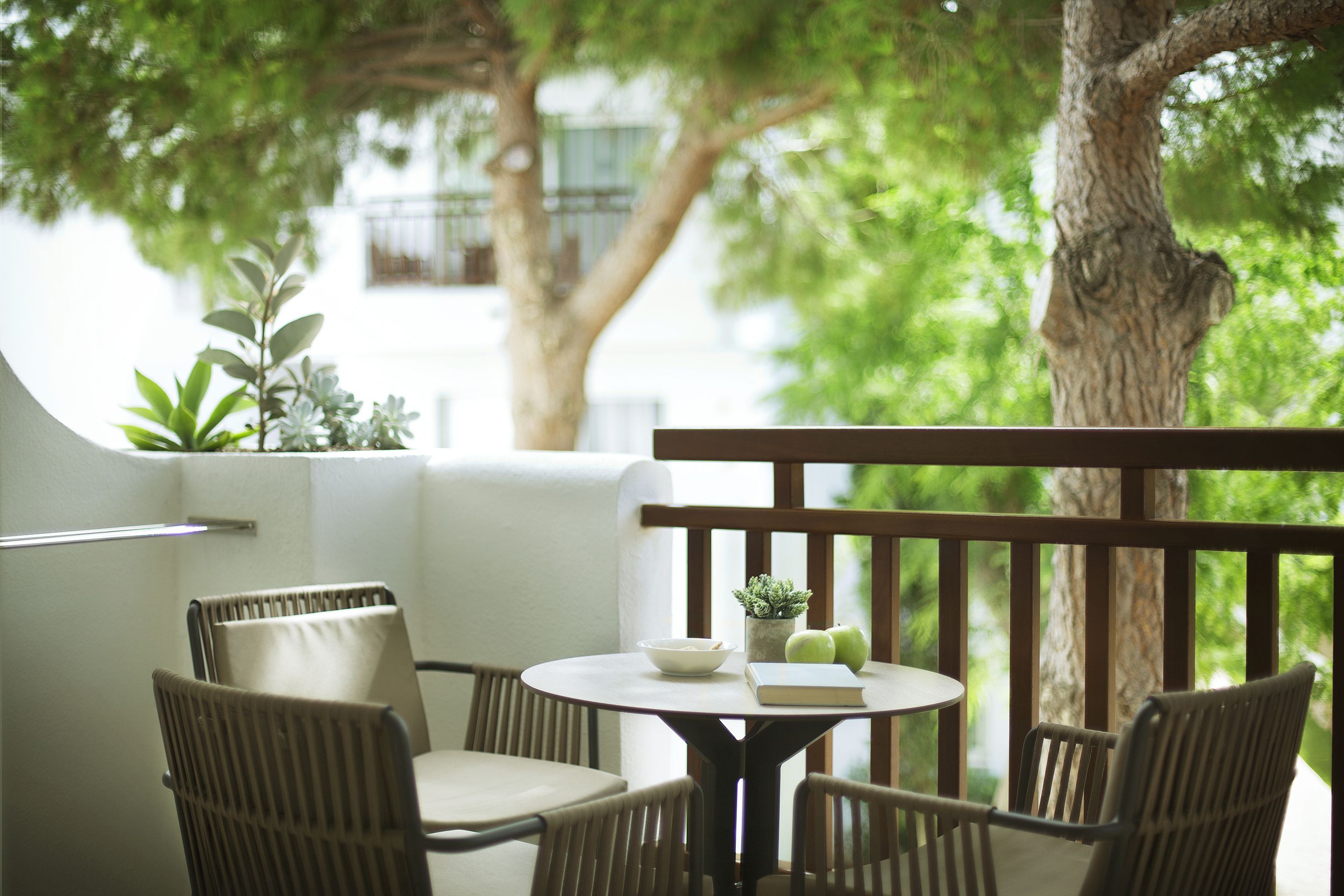 A balcony with wicker chairs, a small round table, and a potted plant.