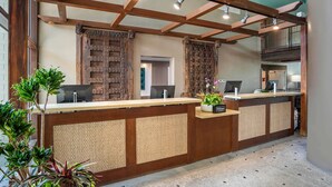 Un mostrador de recepción con detalles de madera, un panel posterior tejido y una planta en maceta. Se observan dos monitores de computadora, un teléfono y una pequeña mesa con una planta.