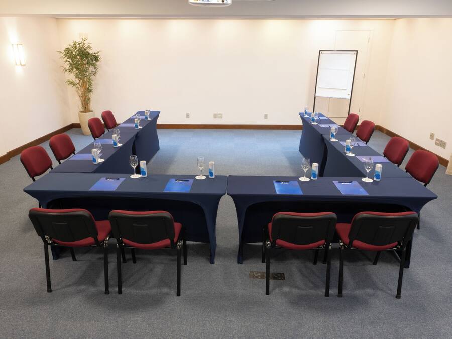 Une salle de conférence avec une longue table, des chaises rouges et une plante en pot.