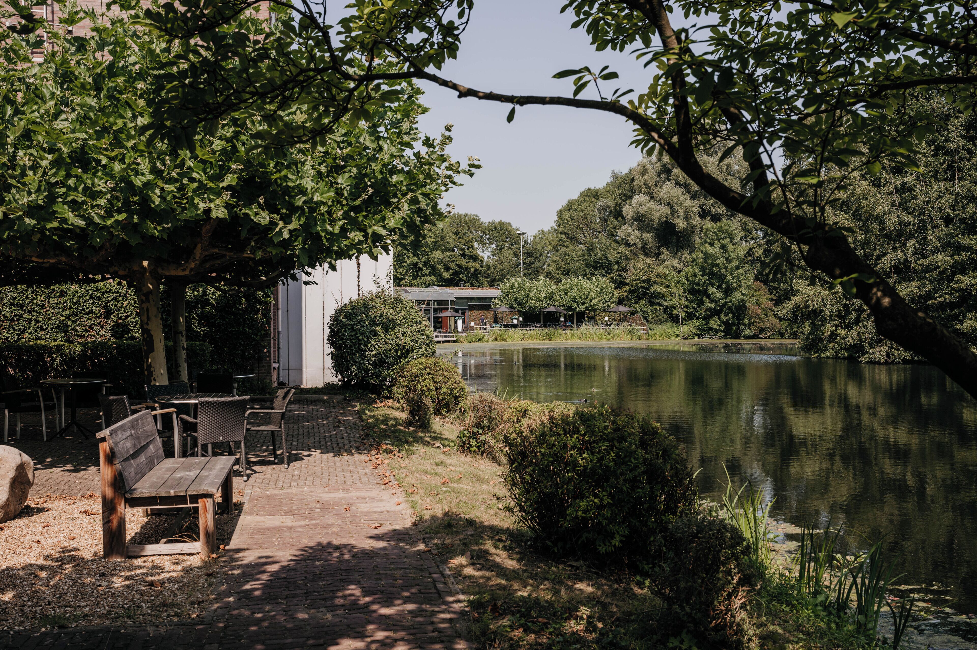 Zona de estar al aire libre junto al lago, con banco, mesas y un edificio al fondo.