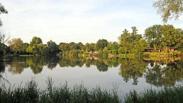 En lugn och rofylld plats vid en sjö, med ett hus och träd i bakgrunden.