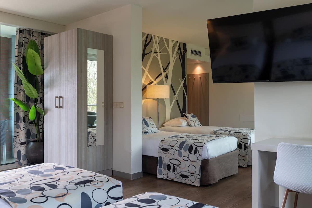A modern hotel room with two beds, a large window, a flat-screen TV, and a potted plant.