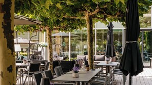 Un patio al aire libre con mesas, sillas, sombrillas y una pérgola cubierta de enredaderas.