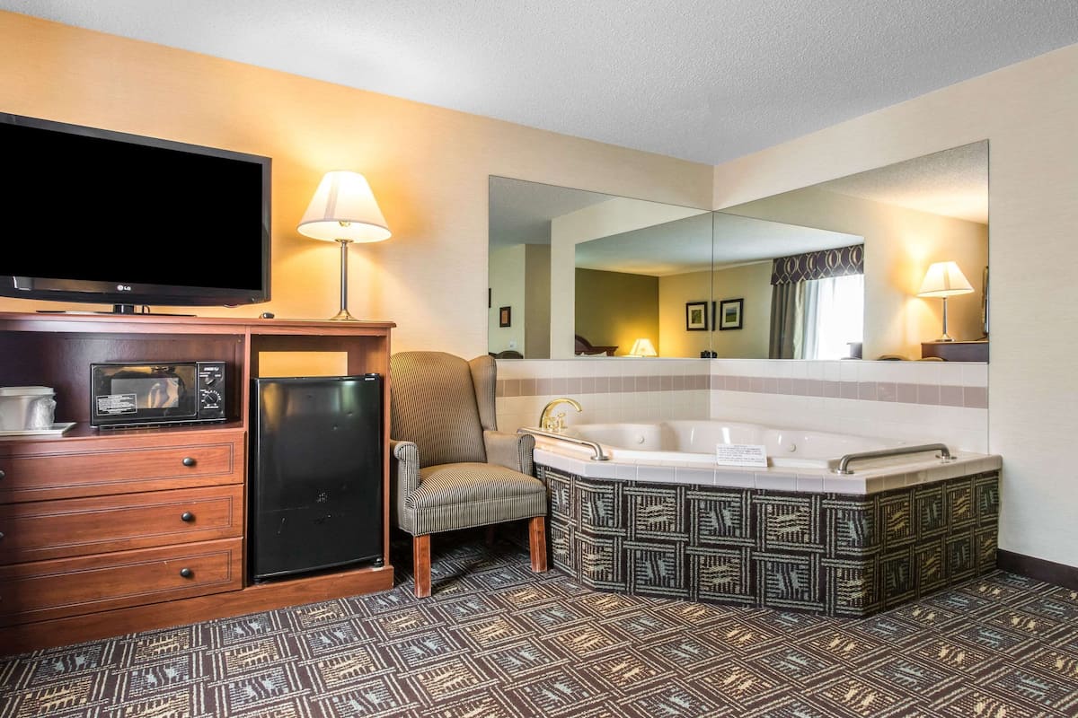 A hotel bathroom with a large mirror, a flat-screen TV, a microwave, a refrigerator, a chair, and a freestanding bathtub.