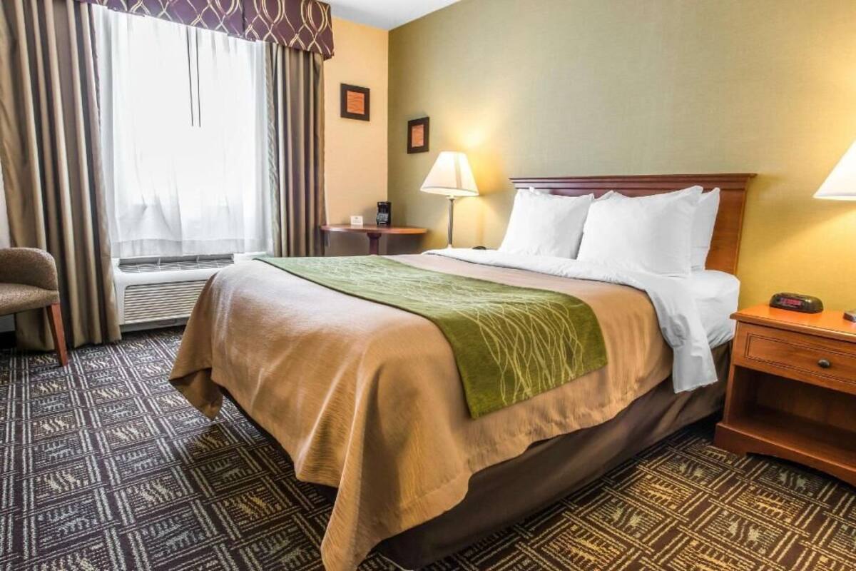 A hotel room with a bed, a chair, a nightstand, a lamp, and a window with curtains.