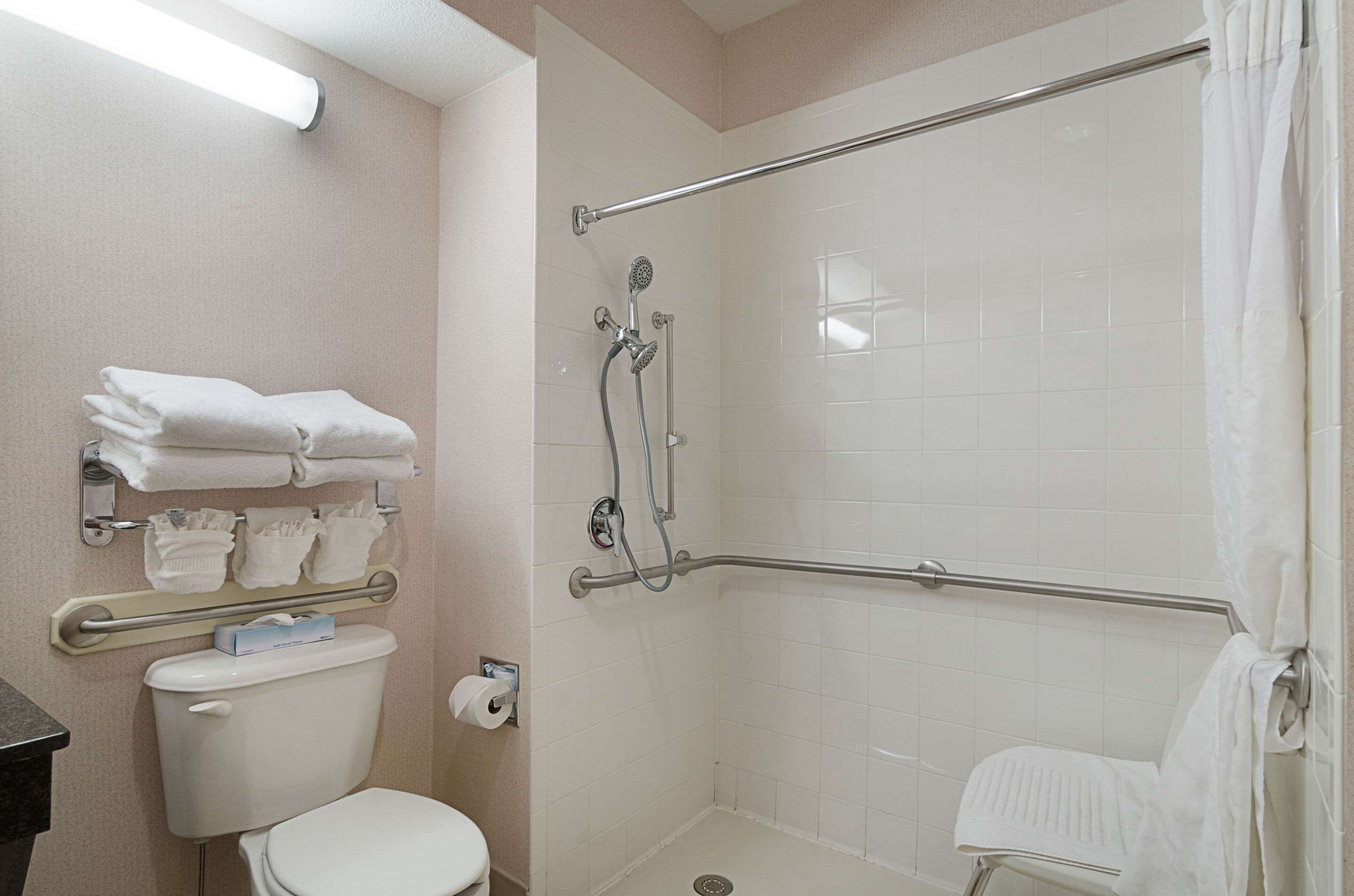Un baño con inodoro, ducha con barra de apoyo y perchero con toallas dobladas.